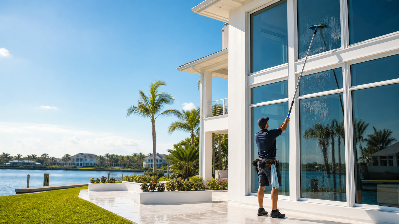 A window cleaner working the exterior glass of a two-storey waterfront home with an extension pole